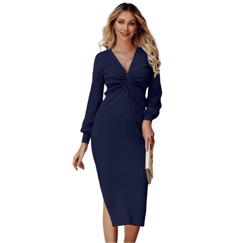 Sweater Dress Long Lantern Sleeves Ruched Drawstring V Neck Side Slit
